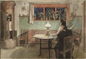 子供たちが寝たとき、「家」シリーズ、1895年頃（紙に水彩） 作： Carl Larsson