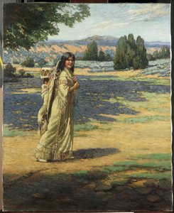 パプースを持つインドの女性（キャンバスに油彩）