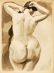 髪を整える女性ヌード、後ろ姿 作： Carl Newman