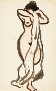 ドレープをかけた立ち姿の女性ヌード 作： Carl Newman