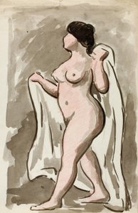 ドレープをかけた立ち姿の女性ヌード 作： カール・ニューマン