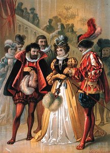 舞踏会のシンデレラ、シャルル・ペロー(1628-1703)の「シンデレラ」の挿絵(カラーエングレービング) 作： Carl Offterdinger