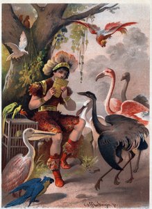 パンフルートを持ったパパゲーノが、森から鳥を連れてくる。カール・オフターディンガー（1829-1889）による「魔法の笛」（Die Zauberflote, flauto magico, The Magic Flute）の挿絵。個人蔵。 作： Carl Offterdinger