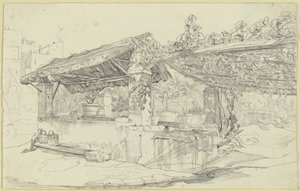 ブドウ棚のそばの藁葺き井戸小屋と洗い桶 作： カール・フィリップ・フォア
