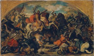 フリードリヒ 2 世 (1219 年 - 1246 年) は、1246 年 6 月 15 日にウィーナー ノイシュタット近くのライタの戦いでモンゴル人に勝利した 作： Carl Rahl