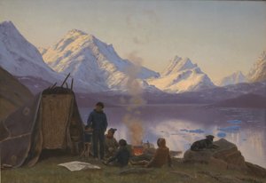 フィヨルドによるグリーンランドの集落。 夏 作： Carl Rasmussen