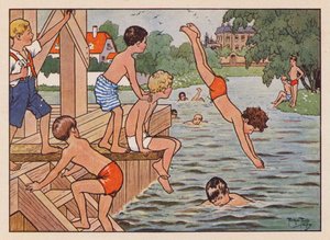 男子水泳と飛び込み（カラーリトグラフ） 作： Carl Robert Arthur Thiele