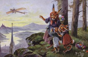飛行機と議論するウサギたち（カラーリトグラフ 作： Carl Robert Arthur Thiele