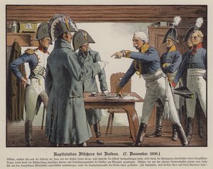 1806年11月7日、カテカウでフランスに降伏するブルッハー野戦軍司令官（カラーリトグラフ
