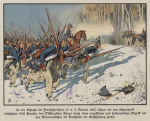 1807年2月7〜8日、アイラウの戦いで攻撃するプロイセンの歩兵（カラーリトグラフ 作： Carl Röchling