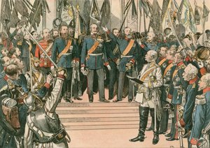 プロイセンの王で最初のドイツ皇帝（1797-1888）であるウィルヘルム1世は、1871年にヴェルサイユ条約で新たに結ばれたドイツ帝国のカイザーとして認められる 作： Carl Rohling