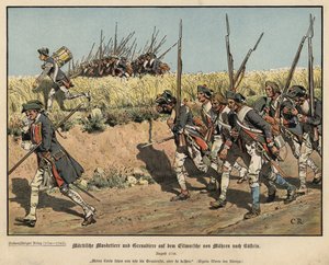 マーレンからクストリンまでの行進中のプロイセンの銃士と手榴弾兵
