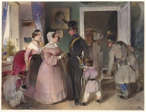 家族に別れを告げる若い将校 作： Carl Schindler