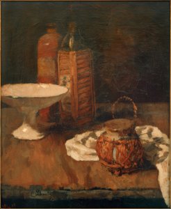マラスキーノ瓶と鉢のある静物 作： Carl Schuch