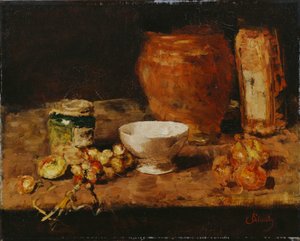 白い鉢のある静物 作： Carl Schuch