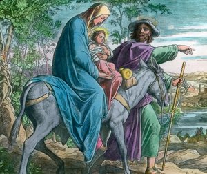 エジプトへの逃避。ドイツ人画家ユリウス・シュノール・フォン・カロスフェルド（1794 - 1872）による聖書の挿絵（年代未詳）。画像の日付：1900年頃。カール・サイモン・アーカイブ