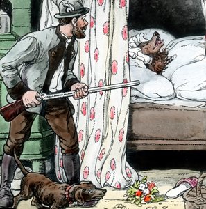 グリム兄弟 - 童話 - 赤ずきんちゃん。画像は1910年頃のもの。カール・サイモン・アーカイブ 作： Carl Simon