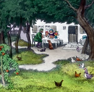 グリム兄弟 - 童話 - 赤ずきんちゃん。画像は1910年頃のもの。カール・サイモン・アーカイブ 作： Carl Simon
