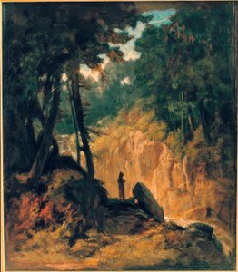 Kapuzinermの銀行の滝のある緑豊かな風景 作： Carl Spitzweg
