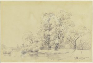 水辺の木々のある風景、遠方に村の教会の塔 作： カール・スピッツウェグ