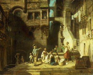 井戸の洗濯婦; 1860年頃の噴水の女性 作： Carl Spitzweg