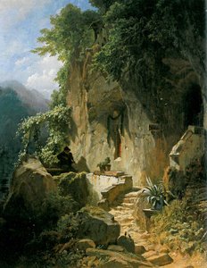 岩だらけの庵の前で遊んでいる仙人 作： Carl Spitzweg