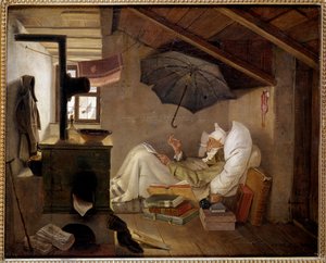 貧しい詩人 屋根裏部屋に横たわる老人。カール・シュピッツウェグ（1808-1885）による絵画 1839年。薄暗い。0.36 X 0.44 m ベルリン、アルテス美術館、ドイツ - 「貧しい詩人」。屋根裏部屋で寝たきりになっている老人。カール・シュピッツヴェーグ（1808-1885）の絵画 作： Carl Spitzweg