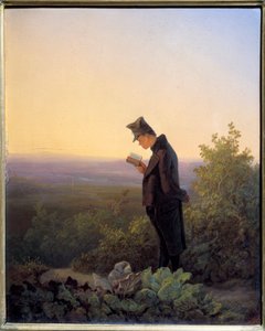 夕方に聖書を読む ロマンチックな風景の中で、聖書を読む男性。カール・シュピッツウェグ（1808-1885）による絵画 n 1845年 日0,29x0,23 m 作： Carl Spitzweg