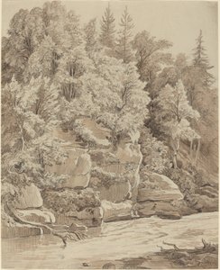 小川沿いの樹木が茂った崖 作： Carl Wagner