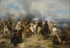 La mort du roi Gustave II Adolphe de Suede (1594-1632) dit le Grand ou le Lion du Nord, a la bataille de Lutzen, le 6 novembre 1632 - 1632年11月6日のルーツェンの戦いにおけるスウェーデン王グスタフ2世アドルフの死、Wahlbom, Carl (1810-1858)作。オイル・オン