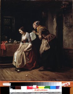 ""The letter"" (手紙) 絶望する少女に使用人が手紙を届ける。 カール ヴィルヘルム ハブナー (1814-1879) の絵画 19 世紀極東美術館、ハバロフスク、ロシア