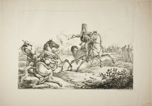 ドイツの竜騎兵にピストルを発射するハッサー 作： Carle Vernet