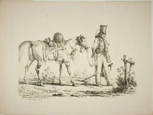 馬の前を歩くユサード、パイプを吸う 作： Carle Vernet