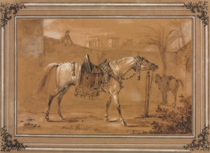 1820年に中庭でアラビアの馬に乗った。 作： Carle Vernet