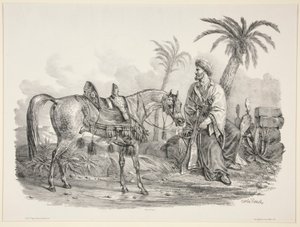 アラブ馬の手綱を握って座っているアラブ人 作： Carle Vernet