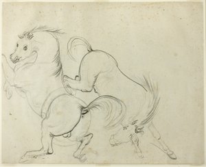 2 頭の馬の Cavorting (直腸); 蹴る馬に乗った男 (裏面) 作： Carle Vernet