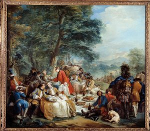狩猟の停止 狩猟の試合中の貴族たちのピクニック。チャールズ・アンドレ・ファン・ロー（1705-1765）の絵画 18世紀 日2.2x2.5メートル