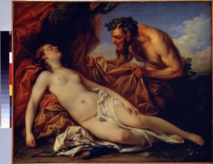 木星とアンティオペ（木星とアンティオペ）。 Carle Van Loo (1705-1765) の絵画。 キャンバスに油彩、50 x 72 cm、1753 年頃。フランス派、ロココ アート。 エルミタージュ美術館、サンクトペテルブルク。 作： Carle van Loo