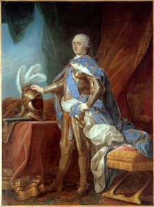 ルイ15世（1710-1774）の足元の肖像、鎧を着て、兜に手を置いている。カルル・ヴァン・ロー（1705-1765）による絵画、油彩・カンヴァス（271 x 193 cm）。