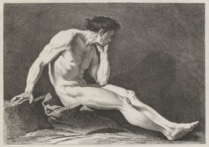 頭を抱えて座っている男性 作： Carle van Loo
