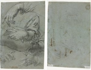 手の研究 (直腸); 子供の頭のスケッチ (裏面) 作： Carletto Caliari
