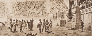 1920年に出版されたHGウェルズの「歴史のあらまし」第2巻による「剣闘士の戦い」を阻止しようとする修道士アルマキウス 作： Carlo Ademollo