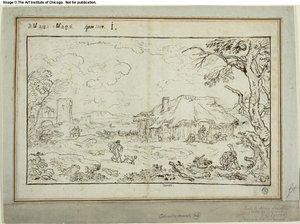 田園地帯の十字路、手前に農家の建物 作： Carlo Antonio Tavella