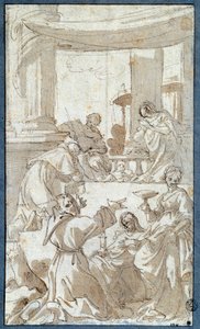 聖家族 Adoree by Saints Charles Borromee (1538-1584), Francois of Assisi (1182-1226), Claire of Assisi (1194-1253) and Lucia Drawing in Ink and Wash by Carlo Bononi (1569-1632) Sun.0.26 x 0.15 m Paris.ルーヴル美術館