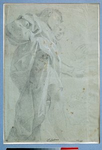 垂れ幕の上に立つ二人の男性 カルロ・ボノーニ（1569-1632）による水墨画 薄さ：0.0.27 x 0.39 m Paris.ルーヴル美術館 作： Carlo Bononi