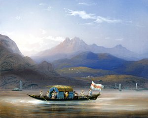 コモ湖。ボートです。背景にはグロマ山が見える、1830年頃。ボッソリとした絵。コモ、プライベートアル 作： Carlo Bossoli