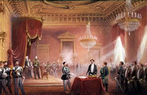 リソルジメント-ヴィクトル・エマニュエル2世（Victor Emmanuel）（Vittorio Emanuele）（1820-1878）が、3月22日にベッティーノ・リカソーリ（1809-1880）が提示したトスカーナ併合条約に署名した。