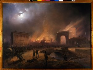 リソルジメント。ミラノの5日間（Cinque giornate di Milano）（1848年3月18日〜22日）：これは1848年の革命（第一次イタリア独立戦争の一部）の最初のエピソードの一つで、ミラノの人々が反乱を起こしたことを示している。 作： Carlo Bossoli