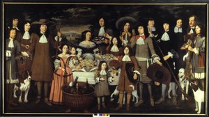 家族の肖像画または「狩猟ゲーム中の飲み物」「」。 カルロ・ケイン (1618-1688) の絵画。 17世紀の絵画. ピナコテカ デル カステッロ スフォルツェスコ ミラノ 作： Carlo Cane