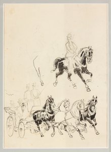 馬車と馬の準備研究（紙に墨と鉛筆画） 作： Carlo Casaltoli